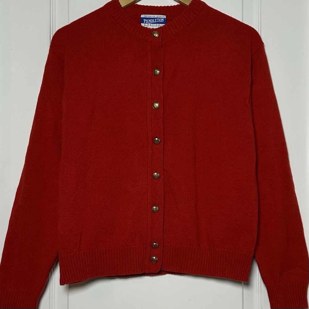 Pendleton Vintage 90s 100% Lambswool Red Tight Knit Gold Button Front Cardigan